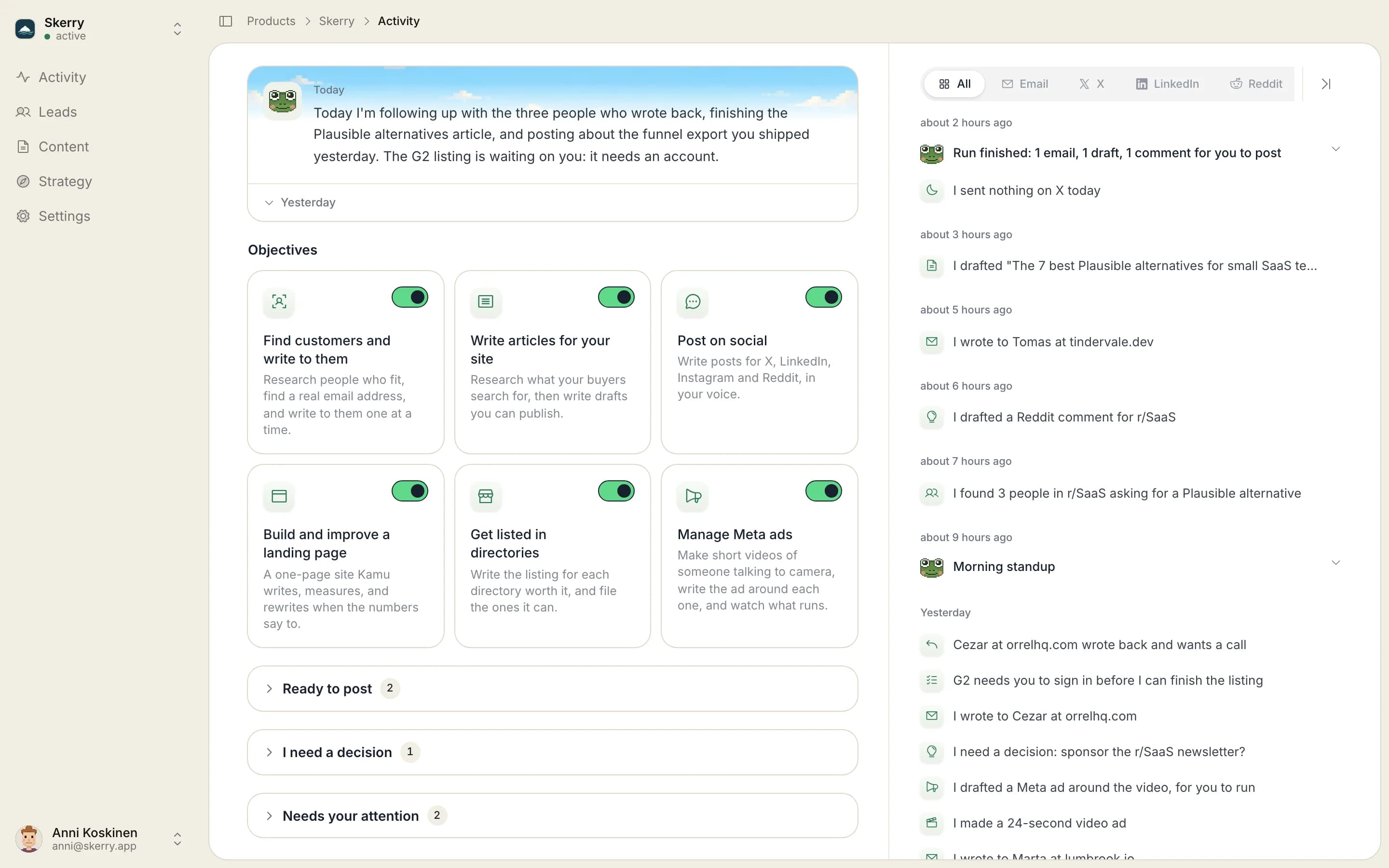 The product overview in Kamu: this morning's standup, the six objectives with their switches, and the activity feed with a reason under each action.