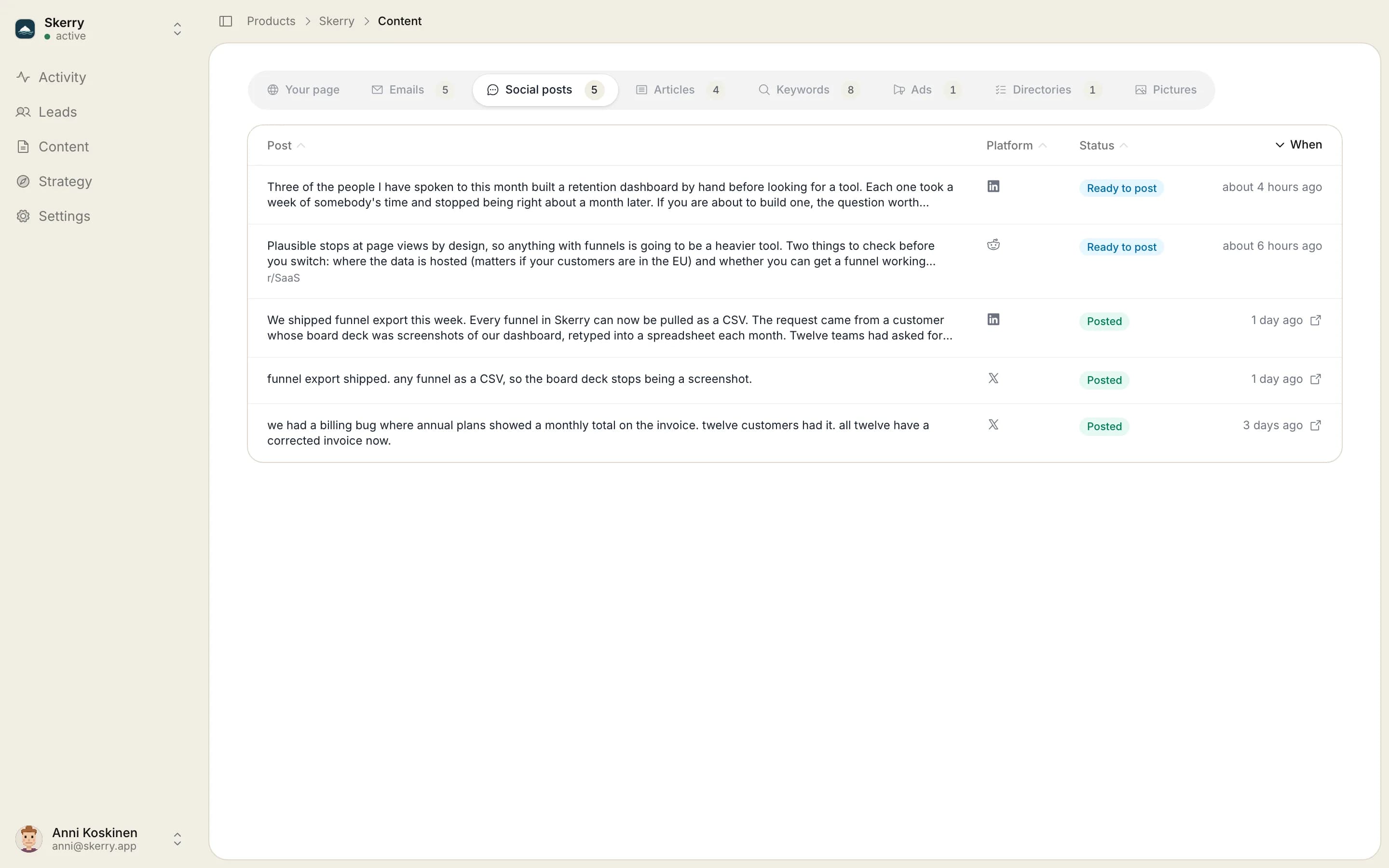 The Social posts tab: posts published to X and LinkedIn, and two drafts waiting for the founder to post.
