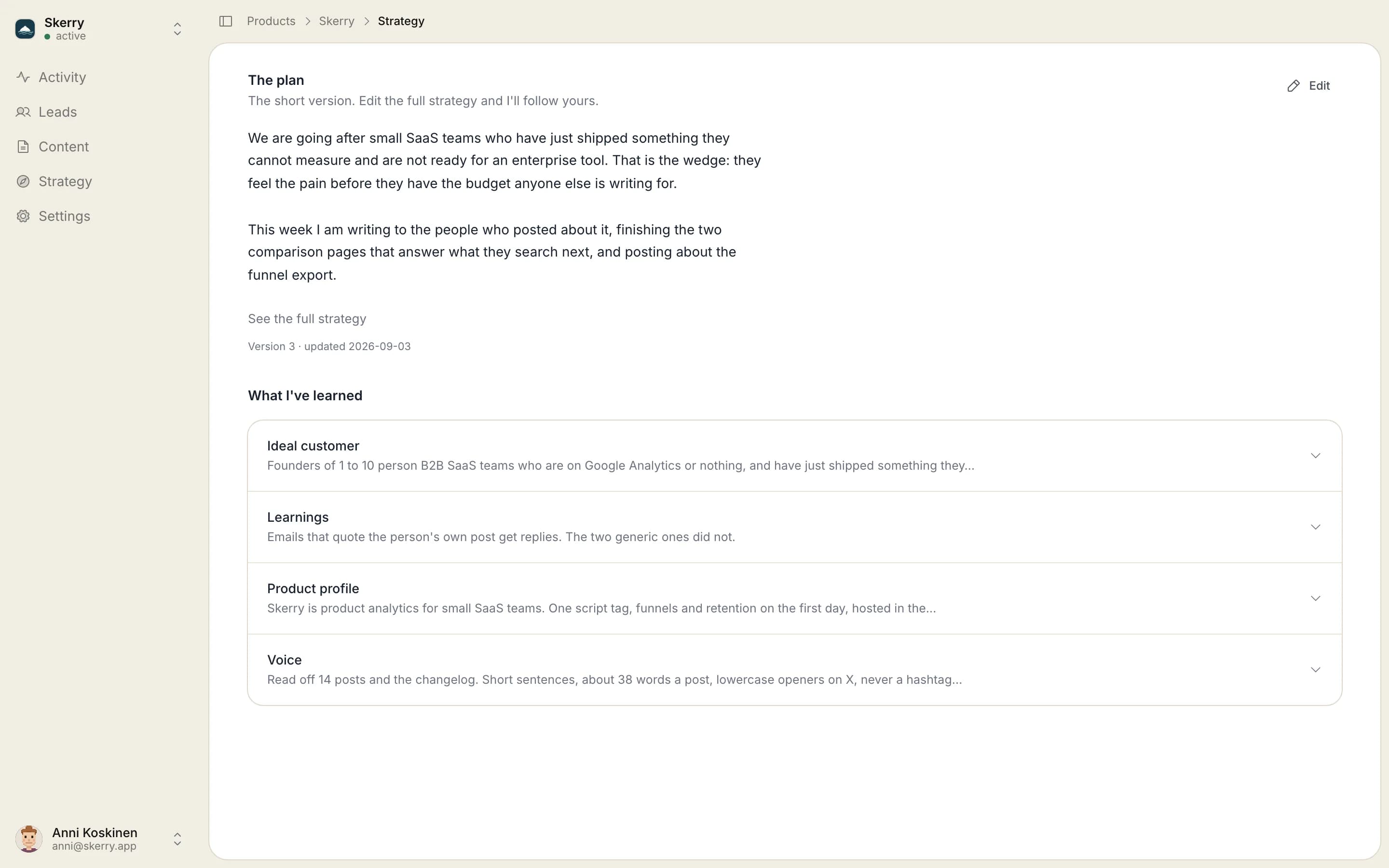 The strategy page: the plan in a few sentences, its version, and the notes on what Kamu has learned.