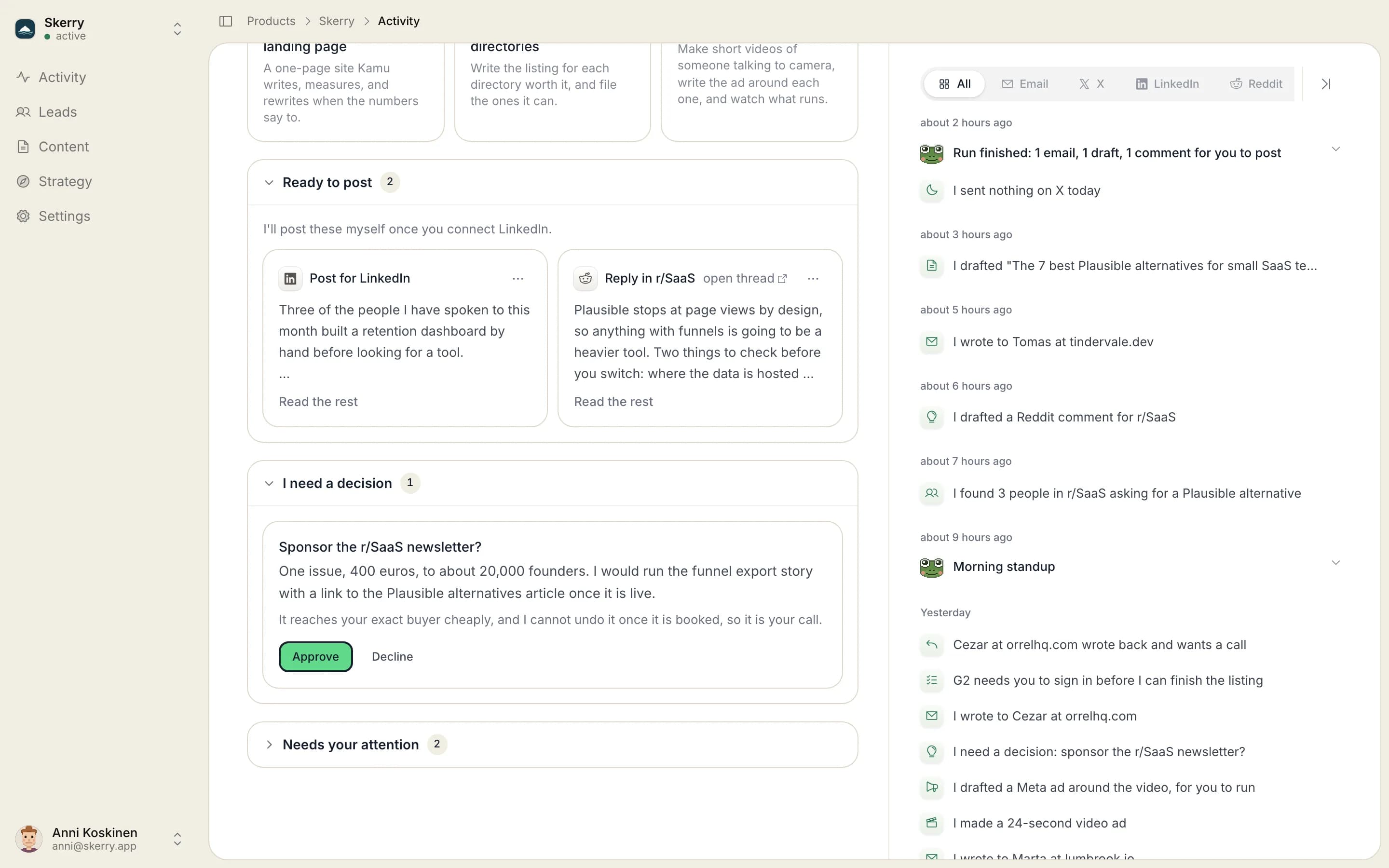 The overview scrolled to two posts waiting to be published and a decision waiting for the founder, beside the activity feed.